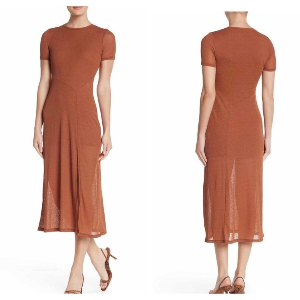 TopShop A-line midi dress Brown Lined Side Split Stretch 6 Small